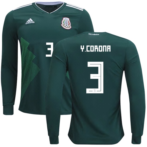 Mexico #3 Y.Corona Home Long Sleeves Soccer Country Jersey - Click Image to Close